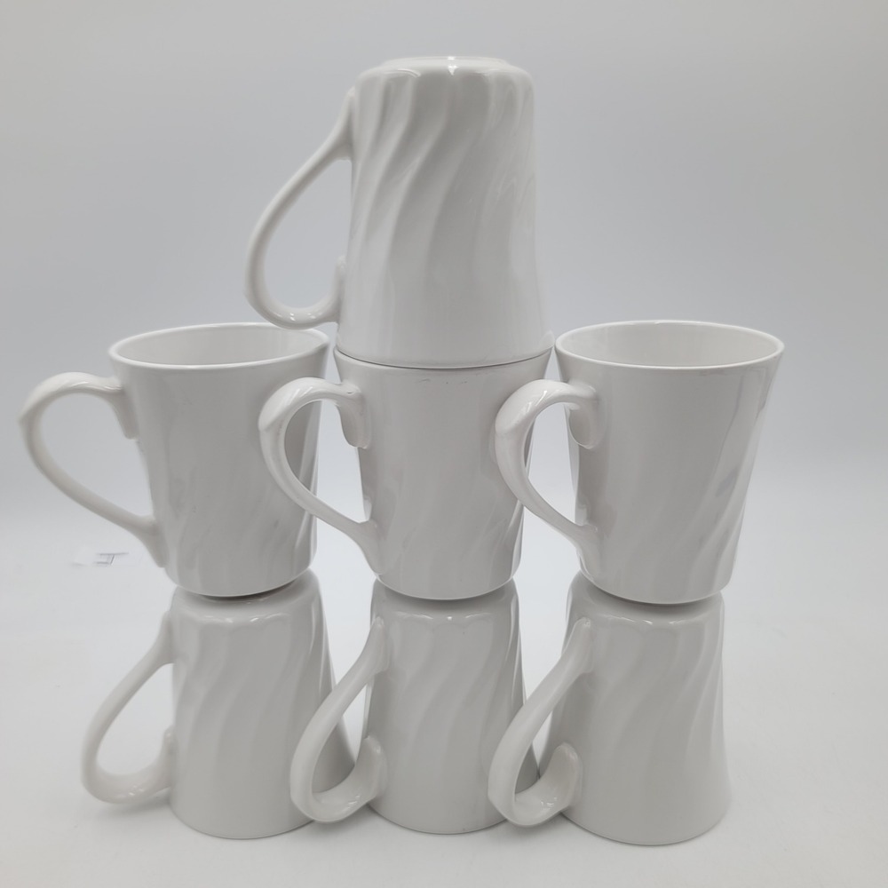 7pc Corelle Coordinates White Wavy Swirl Stoneware Coffee Mugs Set